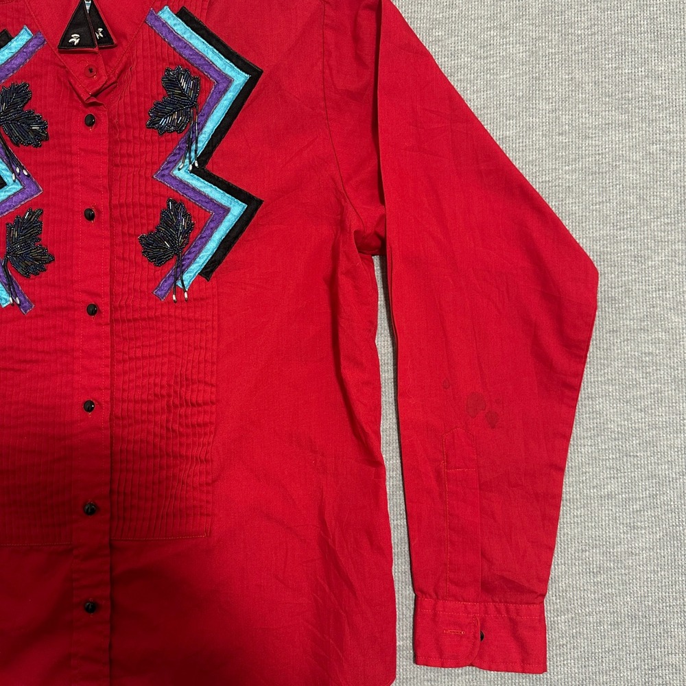 Wrangler Womens L Red Western Button Up Shirt Beaded Embroidered Pintuck Pleated - Picture 5 of 15